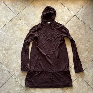 Splendid Hooded Long Sleeve Tunic Top w/ Tie to Cinch, Brown, Small